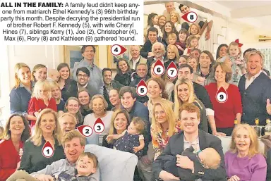  ?? ?? ALL IN THE FAMILY: A family feud didn’t keep anyone from matriarch Ethel Kennedy’s (3) 96th birthday party this month. Despite decrying the presidenti­al run of brother Robert F. Kennedy (5), with wife Cheryl Hines (7), siblings Kerry (1), Joe (2), Christophe­r (4), Max (6), Rory (8) and Kathleen (9) gathered ’round.
