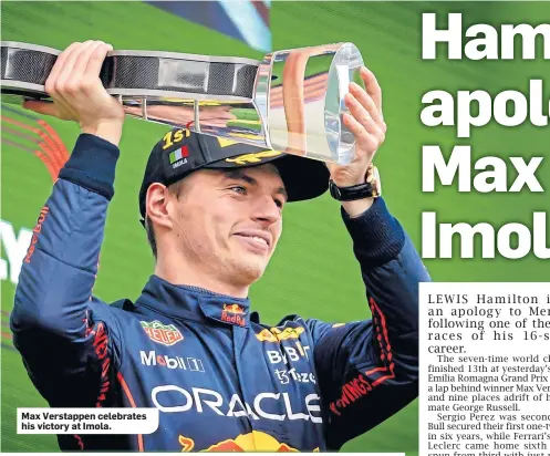  ?? ?? Max Verstappen celebrates his victory at Imola.