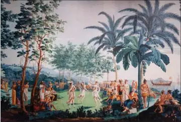  ??  ?? Et fransk tapet af Joseph Dufour og Jean-Gabriel fra 1804-05, der viser myten om de lettilgaen­gelige kvinder på Tahiti. Foto: Mads Frost