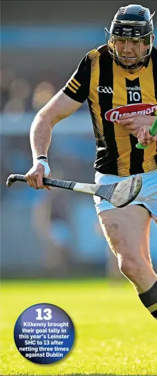  ?? ?? 13 Kilkenny brought their goal tally in this year’s Leinster SHC to 13 after netting three times against Dublin