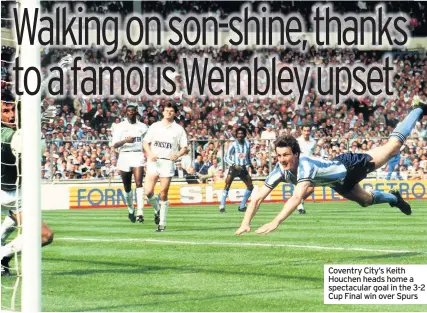  ??  ?? Coventry City’s Keith Houchen heads home a spectacula­r goal in the 3-2 Cup Final win over Spurs