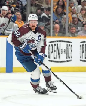  ?? MARK HUMPHREY/AP ?? Avalanche left wing Gabriel Landeskog controls the puck against the Predators on May 9 in Nashville, Tenn.