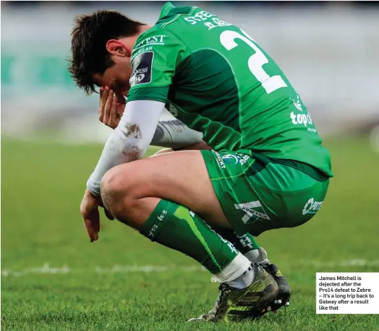  ??  ?? James Mitchell is dejected after the Pro14 defeat to Zebre – it’s a long trip back to Galway after a result like that
