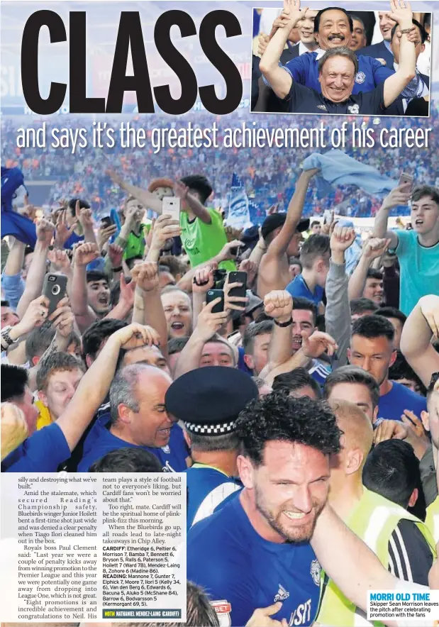  ??  ?? MORRI OLD TIME Skipper Sean Morrison leaves the pitch after celebratin­g promotion with the fans