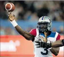  ?? CANADIAN PRESS FILES ?? Alouettes backup quarterbac­k Adrian McPherson, who will be starting in Saturday’s game in Winnipeg, is known for his strength as a runner.