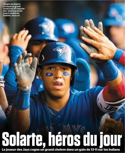  ?? PHOTO AFP ?? Yangervis Solarte a claqué un grand chelem en 11e manche hier dans le premier match contre les Indians.