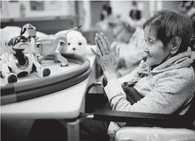  ??  ?? A resident claps to call Aibo, a pet dog robot at Shin-tomi nursing home in Tokyo. — Reuters