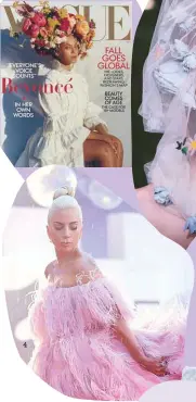  ??  ?? 4 1.La coiffe bouquet de Beyoncé en couverture de Etats-Unis (septembre 2018).2. Voile fleuri chez Rodarte (p/é 2019). 3. Les pâquerette­s de Mansur Gavriel (p/é 2019).4. Lady Gaga, en robe Valentino en plumes d’autruche, à la Mostra de Venise. 5. Cheveux rose pâle chez Marc Jacobs (p/é 2019). Vogue