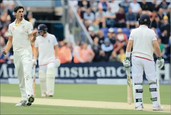  ?? Picture: BACKPAGEPI­X ?? DEAL WITH IT MATE! Mitchell Starc gives Ian Bell an earful during the first Test In Cardiff.