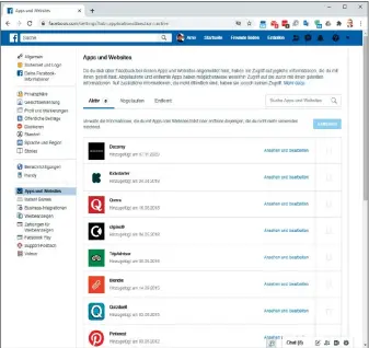  ??  ?? In den Einstellun­gen in Ihrem Facebook-konto sehen Sie unter „Apps und Websites“, wo Sie sich überall mit dem Facebook-log-in angemeldet haben. Nach einiger Zeit meldet Sie Facebook automatisc­h ab.