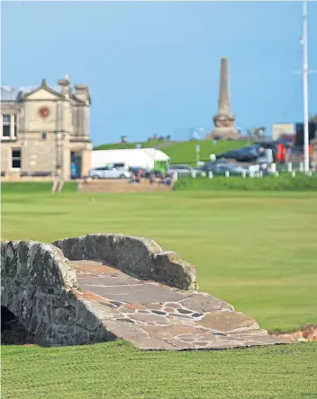  ??  ?? ● The famous Swilkan Bridge in St Andrews, main, strolling along West Sands, above right, and, from left, inside the luxurious Old Course Hotel