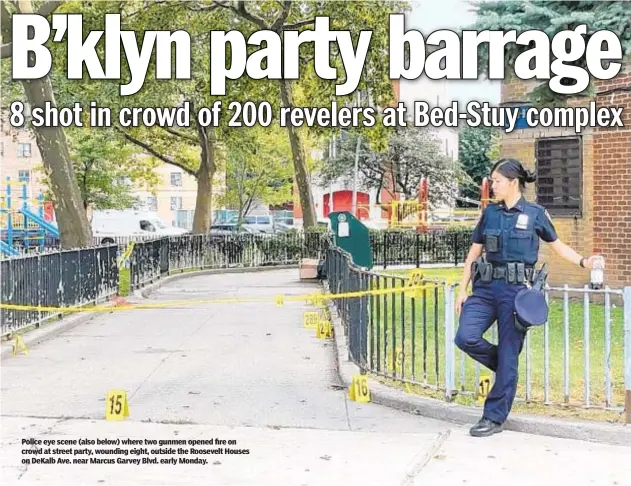  ??  ?? Police eye scene (also below) where two gunmen opened fire on crowd at street party, wounding eight, outside the Roosevelt Houses on DeKalb Ave. near Marcus Garvey Blvd. early Monday.