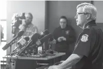  ?? The Janesville Gazette via AP ?? Rock County Sheriff Robert Spoden answers questions from reporters about the capture of Joseph Jakubowski on Friday, April 14, 2017, at the Southern Wisconsin Regional Airport in Janesville, Wis. The fugitive, accused of stealing an arsenal of firearms...