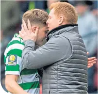  ??  ?? Neil Lennon celebrates with James Forrest after the Scottish Cup Final win over Aberdeen
