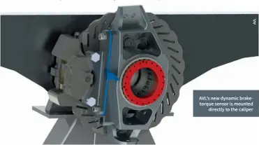  ??  ?? AVL’S new dynamic braketorqu­e sensor is mounted directly to the caliper