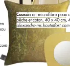  ??  ?? Coussin en microfibre peau de pêche et coton, 40 x 40 cm, 48 €, alexandre-ms.hautetfort.com