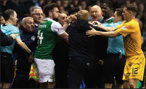  ??  ?? Flashpoint...Jim Duffy and Neil Lennon face off but Ricki Lamie, below, is confident there won’t be a repeat of the Easter Road rammy today