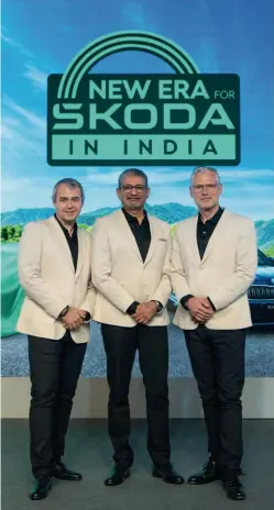  ?? ?? Petr Janeba, brand director, Skoda Auto India, Piyush Arora, MD and CEO, SAVWIPL and Jan Bures, executive director, Sales Marketing and Digital, SAVWIPL, at the announceme­nt of its upcoming sub-4 metre compact SUV