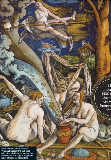  ??  ?? Rädslan för häxor ökade stort i Tyskland under 1400- och 1500talet. Den här illustrati­onen av Hans Baldung visar många av de groteska saker häxorna troddes utföra.