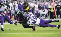  ?? COREY PERRINE / GETTY IMAGES ?? Wide receiver Josh Huff of the Eagles is tackled Sunday.