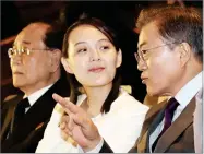  ?? AP PHOTO BY BEE JAE-MAN ?? South Koran President Moon Jae-in talks with Kim Yo Jong, North Korean leader Kim Jong Un’s sister, during a performanc­e of North Korea’s Samjiyon Orchestra at National Theater in Seoul, South Korea, Sunday.