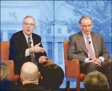  ?? REUTERS ?? William Dudley (left) president of the Federal Reserve Bank of New York and William Rhodes, president and chief executive officer of William R. Rhodes Global Advisors answer questions delivered by moderator Rob Cox during a Reuters Newsmakers panel...