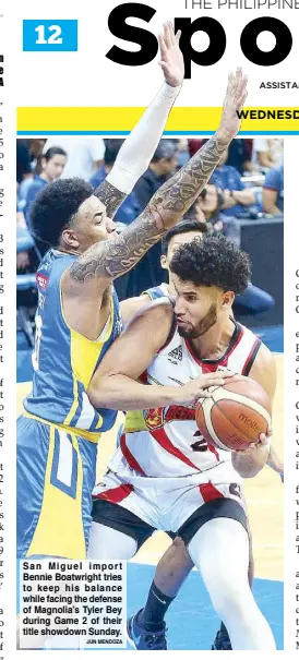  ?? JUN MENDOZA ?? San Miguel import Bennie Boatwright tries to keep his balance while facing the defense of Magnolia’s Tyler Bey during Game 2 of their title showdown Sunday.