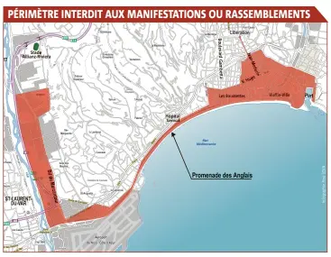  ??  ?? La zone concernée est très large. Elle comprend l’hyper-centre de Nice (avenue Jean-Médecin, Vieux-Nice, Port...), la promenade des Anglais et une partie de la plaine du Var jusqu’au rond-point des Baraques. La place du Général-de-Gaulle, hautement symbolique, est également visée par l’interdicti­on.