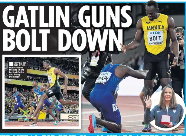  ??  ?? ■
PIPPED TO THE POST: Bolt crosses the line in 3rd behind Gatlin and Pavey inset right