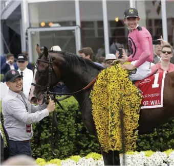  ?? ASSOCIATED PRESS ?? SMOOTH VICTORY: War of Will and jockey Tyler Gaffalione pose after yesterday’s victory in the Preakness Stakes in Baltimore.