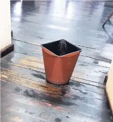  ??  ?? A container is placed at the entrance to the main courtroom at the Manchester Parish Court to collect water from the leaking roof.