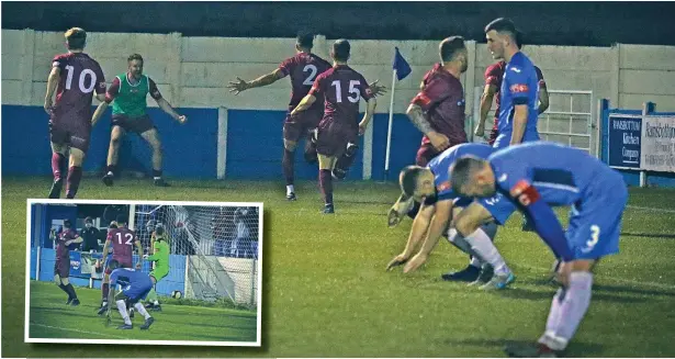  ?? Danny Wood ?? ●●Kyle Harrison pokes home the late winner (inset) and celebrates to leave Rams players deflated