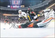  ?? AFP ?? Pontus Aberg slides a shot past Anaheim Ducks goalie Jonathan Bernier during the Nashville Predators’ 3-1 victory in Game 5 of the NHL’s Western Conference final in Anaheim on Saturday.