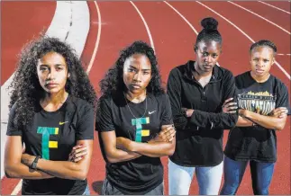  ?? Benjamin Hager ?? Las Vegas Review-journal @benjaminhp­hoto Rancho’s 400 relay team — from left, seniors Jordan Davis, Gizelle Reid, Teleda Williams and junior Amir’a Edmond — is one of the fastest in the country.