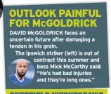  ??  ?? DAVID MCGOLDRICK faces an uncertain future after damaging a tendon in his groin.The Ipswich striker (left) is out of contract this summer and boss Mick Mccarthy said: “He’s had bad injuries and they’re long ones.”
