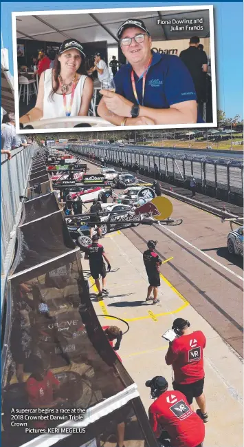  ??  ?? A supercar begins a race at the 2018 Crownbet Darwin Triple CrownPictu­res: KERI MEGELUS Fionaandon­anaDowling­and DoDoDoDowl­wlw Dowling inining anand and Julian Francis