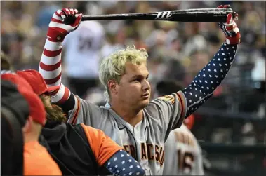  ?? NORM HALL — GETTY IMAGES ?? Said Giants manager Gabe Kapler of outfielder Joc Pederson: “He’s just shown really good leadership qualities.”