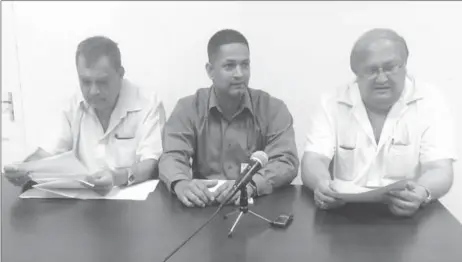  ??  ?? At the press conference from left: CEO of the GPHC Michael Khan, Head of Georgetown Public Hospital Dialysis Unit Dr Kishore Persaud and Chairman of the GPHC Board of Directors Dr Carl Hanoman