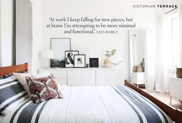  ??  ?? MAIN BEDROOM The white drawers are from Ikea and the bed is from Habitat. It’s been dressed with simple Ikea bedding and cushions that Margy made herself from vintage fabric