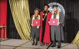  ?? COURTESY OF UNIVERSITY OF MARYLAND GLOBAL CAMPUS ?? Carolyn Patton (left) and her son, Immanuel Patton, pose for pictures with University of Maryland Global Campus President Gregory Fowler after receiving their bachelor’s degrees Dec. 16. At age 5, Immanuel vowed to his mother they would graduate college together.