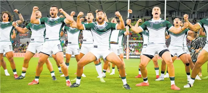  ?? Photo / Photosport ?? Peta Hiku leads the Ma¯ori All Stars in their haka ahead of the 2019 match against the Australian Indigenous men’s team.