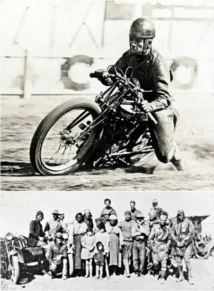  ??  ?? TOP Len Stewart went on to be a prolific long distance record holder and speedway star.
ABOVE Harley Davidson Club with Eucla residents during their 1926 overland club ride.
BELOW Cunningham and Cracknell became minor celebritie­s after their record setting epic.