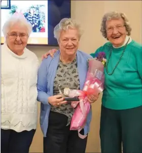  ?? COURTESY OF CHESTNUT KNOLL ?? Chestnut Knoll resident Loretta Fronheiser, center, was presented with the Dene Liott Award by former award winners Virginia Snyder, left, and Barbara Thornton during Chestnut Knoll and FOX Rehabilita­tion’s awards ceremony on Feb. 5.