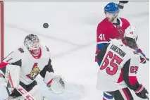  ?? GRAHAM HUGHES/THE CANADIAN PRESS ?? Ottawa Senators goaltender Mike Condon had to deal with plenty of funny bounces on Sunday.