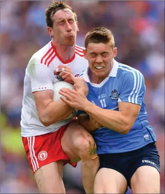  ??  ?? Colm Cavanagh of Tyrone is tackled by Con O’Callaghan of Dublin during the All-Ireland final.