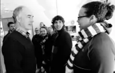  ??  ?? U.S. Sen. Bob Casey, D-Pa., left, greets volunteers for the Hillary Clinton campaign, including Ngiste Abebe, 28, right. Mr. Casey gave volunteers a pep talk Sunday morning at the home of Jerry and Jane Boyer in Bedford, N.H.