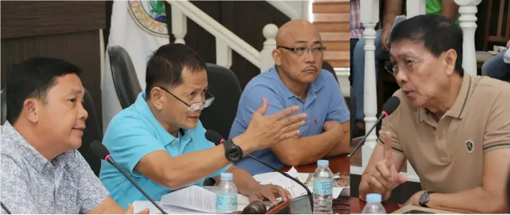  ?? Chris Navarro ?? Board Member Salvador Dimson, SP Chairman Committee on Environmen­t and Natural Resources questions FEACO General Manager Tony Co (R) on the fish kill in Masantol, Pampanga. Joining them during Thursday's SP hearing are Fourth District Board Members...