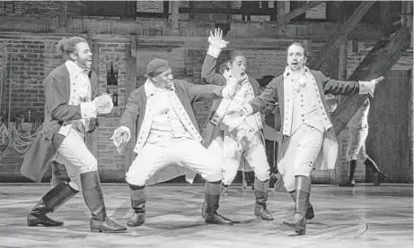  ?? Courtesy photo ?? Lin-Manuel Miranda, far right, wrote the “Hamilton” book, music and lyrics and also played the titular role. The musical was nominated for a record 16 Tony Awards and is sold out for months.