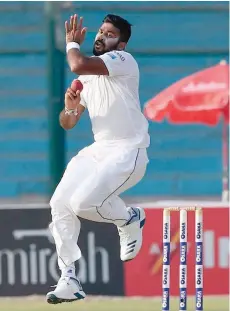  ?? — AFP ?? Sri Lanka’s Lahiru Kumara delivers a ball during the first day of the second Test against Pakistan at the National Cricket Stadium in Karachi.