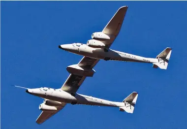  ?? COURTESY OF SPACEPORT AMERICA QUINN TUCKER FOR VIRGIN GALACTIC ?? PHOTO ON COVER: VSS Unity conducted a flight test from New Mexico last December.
ABOVE: Virgin Galactic’s mothership, VMS Eve, conducted two test flights Tuesday, Nov. 3, 2020.